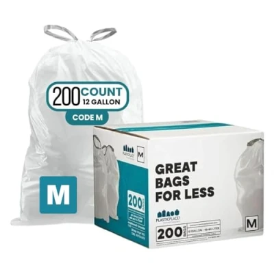 Afbeelding van Plasticplace Simplehuman Vuilniszakken met trekkoord, wit, compatibel M code 54,6 x 78,1 cm, 200 stuks