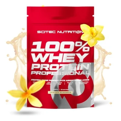 Afbeelding van Scitec Nutrition 100% Whey Protein Professional met sleutelaminozuren en spijsverteringsenzymen, glutenvrij, 1000 g, vanille
