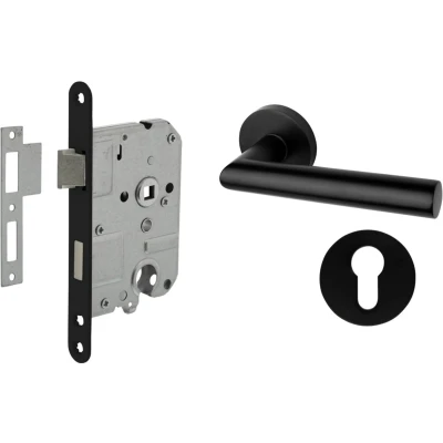 Afbeelding van Deurbeslag Set Met Slot, Cilinderrozet En Deurklink Modern Geveerd Zwart