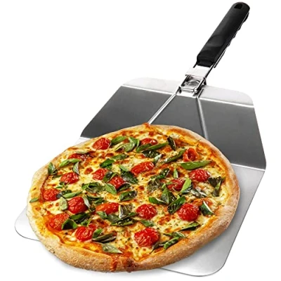 Afbeelding van pizzaschep van roestvrij staal pizza en taartschep met inklapbare handgreep pizzaduwer voor pizza, tarte flambée, broodjes brood (zilver / zwart hoekig)