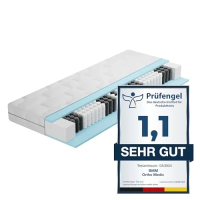 Afbeelding van BMM Ortho Medic Orthopedische pocketverenmatras, 7 zones, 90 x 190 cm, hardheid H4, Oeko Tex gecertificeerd, dikte 21 geproduceerd in Duitsland