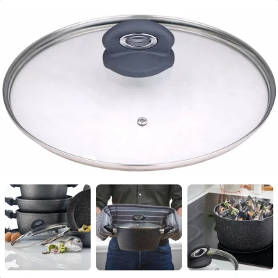 Afbeelding van Cheqo® Glazen Deksel 16cm RVS Rand Met Stoomgaatje Vaatwasmachine Bestendig Pannendeksel voor Pannen