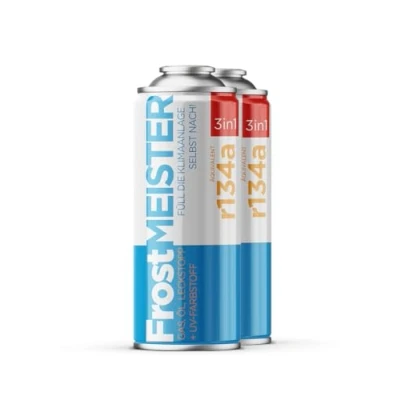 Afbeelding van FrostMEISTER 3 in 1 navulset voor auto airconditioning, 2 x 400 ml, snel en eenvoudig koelmiddel/olie /sealingssysteem (R134a 1995 2016)