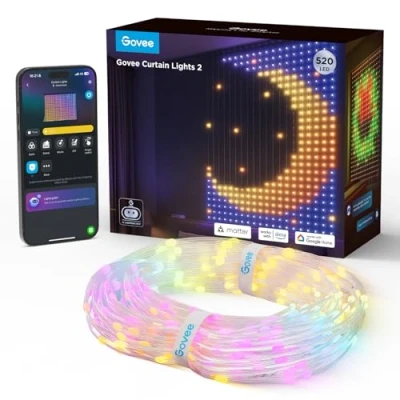 Afbeelding van Govee Curtain Lights, Intelligent led gordijn met GIF DIY, 520 leds, RGBIC, intelligente dynamische decoratie, IP65 Max, waterdicht, compatibel Alexa, feestdecoratie (1,5 x 2 m)