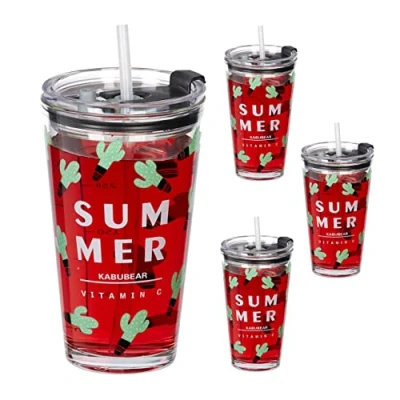 Afbeelding van Relaxdays drinkglazen met deksel en rietje set van 4 sapglazen 450 ml kinderglazen