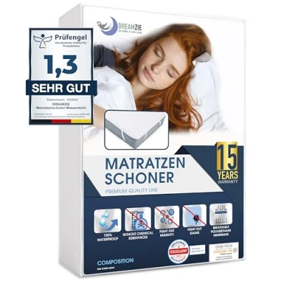 Afbeelding van Dreamzie Waterdichte matrasbeschermer, gemaakt in Europa en Oeko Tex gecertificeerd, matrasbeschermer van katoen, ademend, met 4 elastische hoeken, 80 x 190 cm