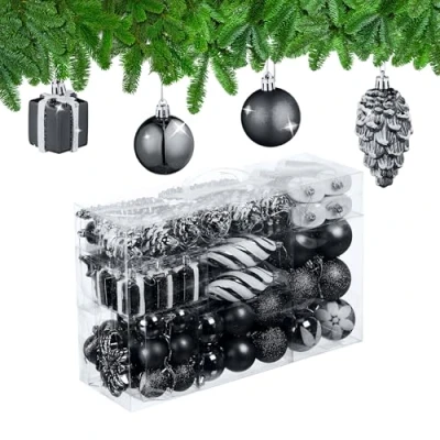 Afbeelding van Relaxdays kerstballen kerstboomballen kerstboomdecoratie set van 72 kunststof zwart