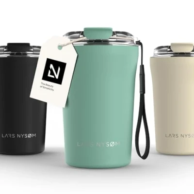 Afbeelding van LARS NYSØM &#039;Rørelse&#039; Thermo Coffee Mug to go 380ml BPA vrij Met Isolatie Draagriem &amp; Tritan Deksel Aqua Turquoise
