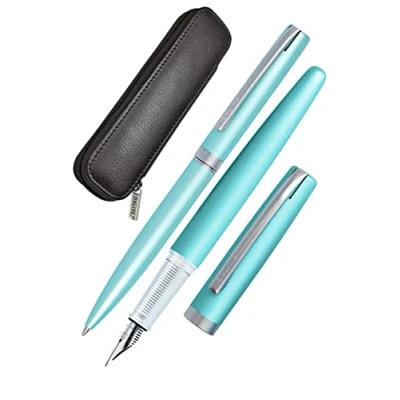 Afbeelding van Online Eleganza Schrijfset, vulpen en balpenset leren etui, Medium iridium penpunt, navulbaar, geschenkdoos, kleur turquoise.