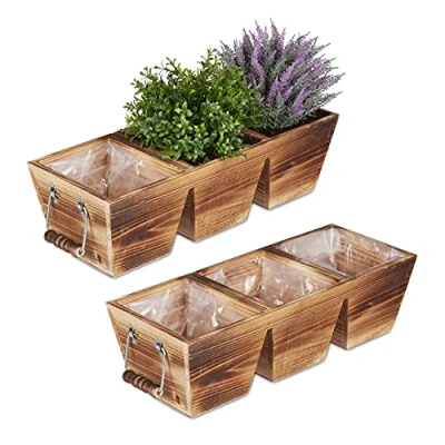 Afbeelding van Relaxdays Plantenbak hout 3 vakken balkonbak langwerpig bloembakje vintage