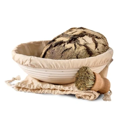 Afbeelding van Banneton voor brood, rond, van duurzaam rotan, 2 kg, 30 cm, bakkerijset met borstel, linnen stof en broodzak (30 cm)