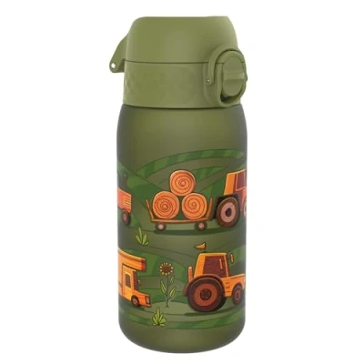 Afbeelding van Ion8 Drinkfles voor kinderen, 350 ml, lekvrij, gemakkelijk te openen, veilige vergrendeling, vaatwasmachinebestendig, BPA vrij, draaggreep, reinigen, koolstof, motief landbouwmachines