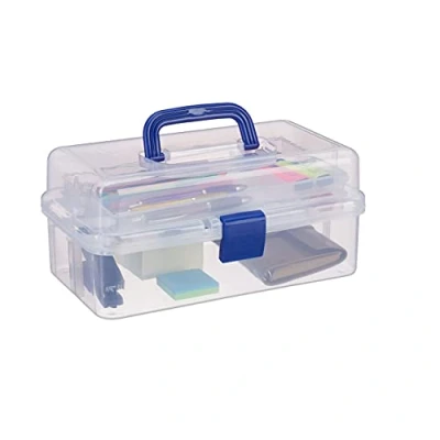 Afbeelding van Relaxdays opbergbox met handvat 9 vakjes naaikoffer transparante gereedschapskist blauw