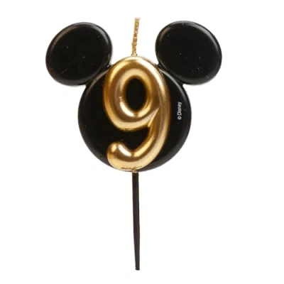 Image de dekora Décoration de bougie d&#039;anniversaire Mickey Mouse Bougies Disney en cire paraffine sans parfum noires et dorées avec oreilles Taille 8,5 cm Numéro 9