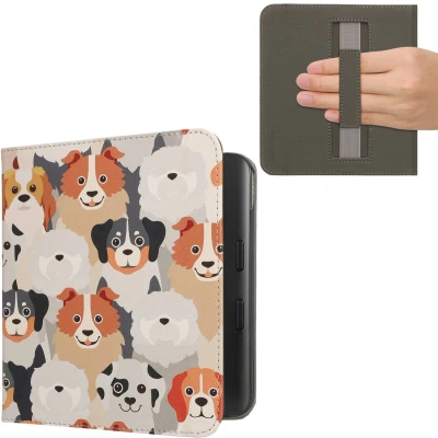 Afbeelding van kwmobile E reader hoesje geschikt voor Kobo Libra Colour hoes flip case met magneetsluiting Ereader cover Honden Ontwerp design in wit / lichtbruin grijs