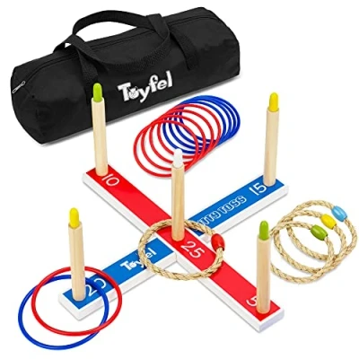 Afbeelding van Toyfel Mitty Toss Ring Werpspel Hout FSC® met 15 Ringen (10x plastic &amp; 5x touw hoepels) Tuin Spel Buiten Binnen voor Kinderen Volwassenen