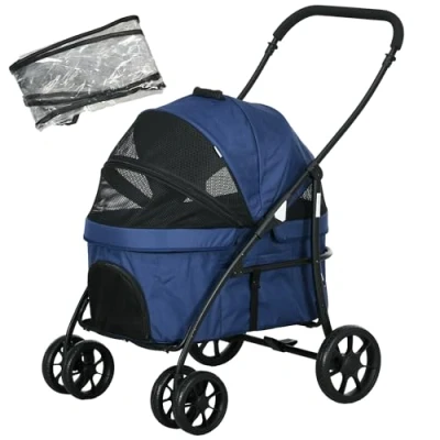 Afbeelding van PawHut 2 in 1 hondenkinderwagen met regenhoes, opvouwbare kinderwagen veiligheidslijnen voor kleine honden en katten, Oxford, donkerblauw