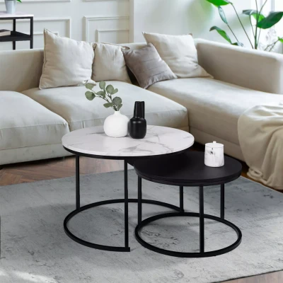 Image de Lot de 2 tables basses gigognes ALASKA rondes 54/70 en bois effet marbre et noir pieds métal