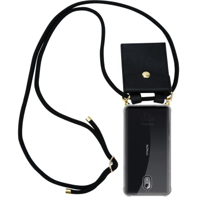 Afbeelding van Cadorabo Hoesje geschikt voor Nokia 3.1 in ZWART Silicone Mobiele telefoon ketting beschermhoes met gouden ringen, koordriem en afneembare etui