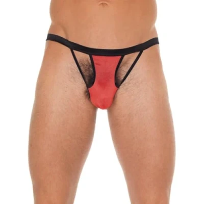 Afbeelding van Amorable by Rimba Erotische String Rood Zwarte Herenstring Met Opengewerkte Details Voorkant Mannen Slip One Size Polyamide