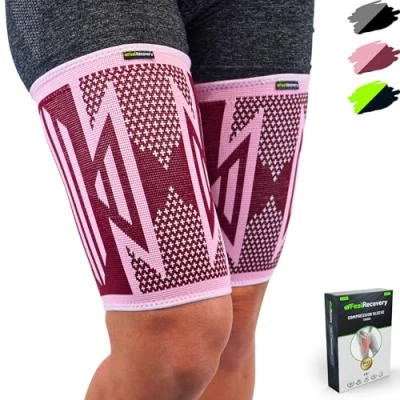 Afbeelding van 2 stuks compressiemouwen voor dames en heren, dijbeensteun ter verlichting van pijn in de knie, quadriceps lies, spierspanning, krampen hardlopen, ademend antislip (bordeaux, S)