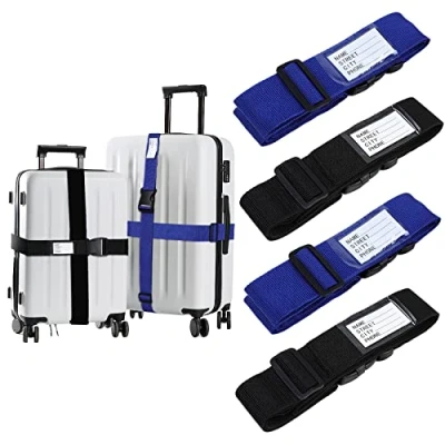 Afbeelding van AiQInu kofferriem, 4 stuks, verstelbare kofferband, riem met naambordjes en adres, bagageriem, voor koffer, rugzak, reisaccessoires
