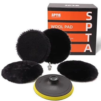 Afbeelding van SPTA HWPPS6M14M5 Lamswollen pad, 5 delig, 150 mm, polijstschijf, polijstset, klittenband pad polijstschijf + M14 booradapter voor auto polijstmachine