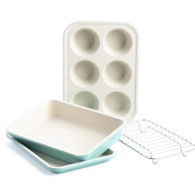 Afbeelding van GreenLife Contour Turkoois 4 delige bakset oven anti aanbak PFAS vrij