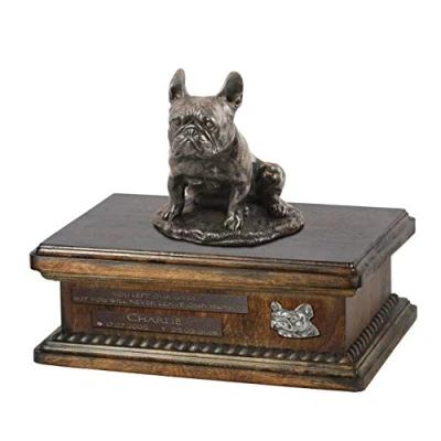 Afbeelding van Persoonlijke urn hond voor Franse Bulldog met beeldje en houten design