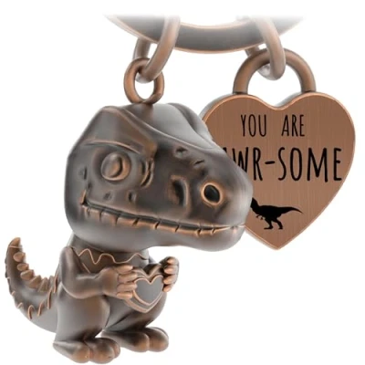 Afbeelding van LANOLU Mini Rex dinosaurus Sleutelhanger geluksbrenger partner en beste vriend cadeau voor koppels, metalen vriend, Vintage koper,