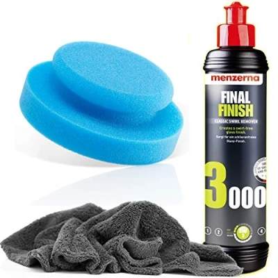 Afbeelding van Detailmate Menzerna Final Finish Handset 250 ml + polijstspons Ø 130 mm ultrazachte microvezel polijstdoek 550 g/m² 1 beschermende handschoen
