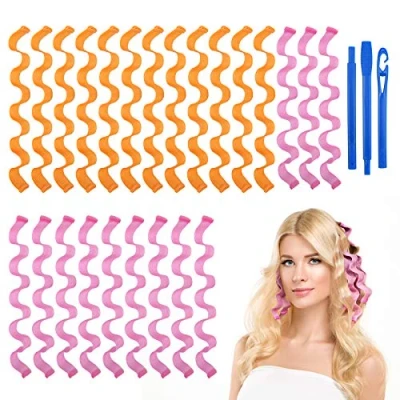 Afbeelding van URAQT 24 delige krulspelden, doe het zelf magische haargolven, spiraalkrullen zonder warmtegolf, kappersset met stylinghaken voor de meeste soorten kapsels (45 cm)