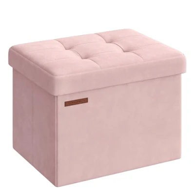 Afbeelding van SONGMICS Poef met opbergruimte, kleine inklapbare zitbank, 31 x 41 cm voetenbank, opbergdoos, tot 130 kg belastbaar, voor woonkamer, slaapkamer, slaapzaal, pastelroze