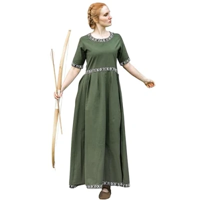 Afbeelding van Leonardo Carbone® Ennlin Damesjurk, randdesign, veters op de rug, carnaval, Halloween, cosplay, LARP, middeleeuws, Viking, kostuum, A lijn, 100% katoen, Groen