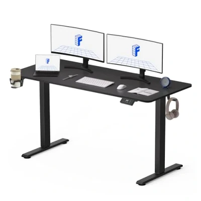 Afbeelding van FLEXISPOT Lite Elektrisch Zit/Sta Bureau In Hoogte Verstelbaar Sta met Bekerhouder en Haken, Toetsenbordpaneel Geheugenfuncties 140x60 cm(Zwart Frame + Zwart Blad)