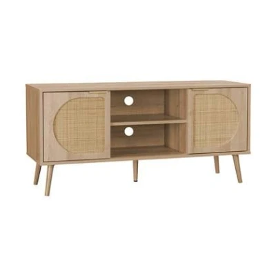 Afbeelding van sweeek Tv meubel, eva, houtdecor en afgerond riet, 2 deuren, 1 plank l120 x b39 h56,5cm