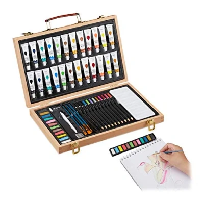 Afbeelding van Relaxdays houten schilderskist verfset schilderskoffer tekenset 56 delig Aquarel