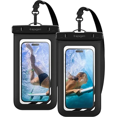 Afbeelding van Spigen Universeel Waterdicht Telefoonhoesje geschikt Voor Toestellen Tot 6.9 Inch IPX8 Waterbestendig Hoesje Verwijderbare Polsband En Nekkoord Zwart 2 Pack