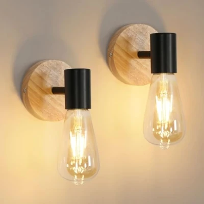 Afbeelding van Comely Applique Intérieure 2 Pièces, Vintage Bois Rotative Lampe Murale Industrielle en Métal E27 de Mur Noir pour Salon Chambre Cuisine (Ampoule Non Incluse)