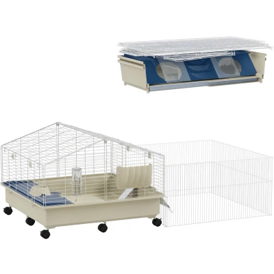 Afbeelding van PawHut Cage pour petits animaux avec enclos à lapins Clapier bouteille d&#039;eau Alimentation du foin Gamelle Rampe rongeurs roulettes cochons d&#039;Inde et hérissons