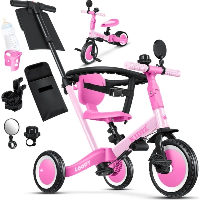 Afbeelding van KIDIZ® Driewieler 6 in 1, voor kinderen van 1 jaar tot 5 jaar, belastbaar 25 kg, met stuur, veiligheidsgordel, bel en spiegel, roze