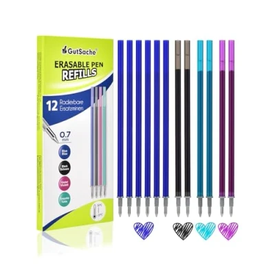 Afbeelding van GutSache 12 uitwisbare vullingen voor Liens, compatibel met Legami, blauw, zwart, paars, groen, warmtegevoelige inkt, punt 0,7 mm, hoogte 13 cm, gelpenvulling