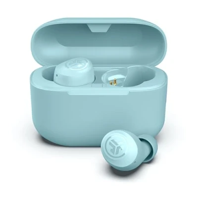Afbeelding van JLab Go Air Pop+ draadloze bluetooth hoofdtelefoon, in ear hoofdtelefoon met microfoon, 35 uur batterijduur, en oplaadbox, gepersonaliseerde EQ3 geluidsoorten, app, lichtblauw