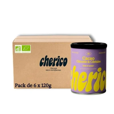 Afbeelding van biologische oplosbare cichorei cacao en granen verpakking van 6 x 120 g warme chocolademelk rijk aan vezels plantaardige oorsprong karamel