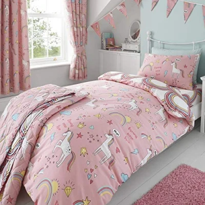Afbeelding van Happy Linen Company Eenhoorns en regenbogen omkeerbaar beddengoed voor meisjes, roze, eenvoudig
