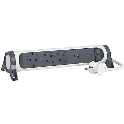 Afbeelding van Legrand, Roterende stekkerdoos, 3 voudig, USB A en C stopcontact, geïntegreerde overspanningsbeveiliging met statusindicator (SPD), 1,5 m kabel, wit donkergrijs, 694508
