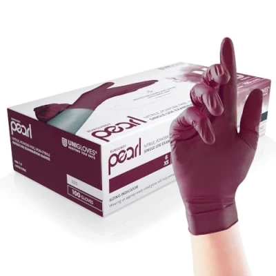 Afbeelding van Unigloves Burgendy Pearl GP0124 Nitril onderzoekshandschoenen multifunctionele handschoenen poedervrij en latexvrij doos met 100 handschoenen, bordeaux, maat L