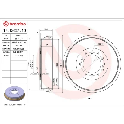 Afbeelding van BREMBO 14.D637.10 Remtrommel 295,1 TOYOTA: HILUX 3 Pritsche/Fahrgestell (KUN1, TGN3, TGN2, TGN1,