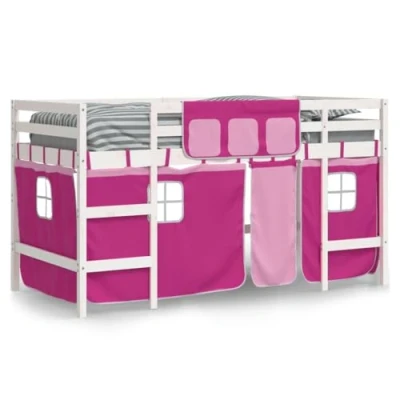 Image de vidaXL Lit mezzanine enfants et rideaux rose 90x200cm bois pin massif
