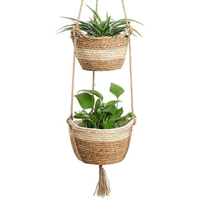 Afbeelding van Hangende plantenmanden, zeegras plantenmand, 2 maten, natuurlijke geweven bloempotten, plantenbakken, opbergmand voor huisdecoratie, binnen, buiten